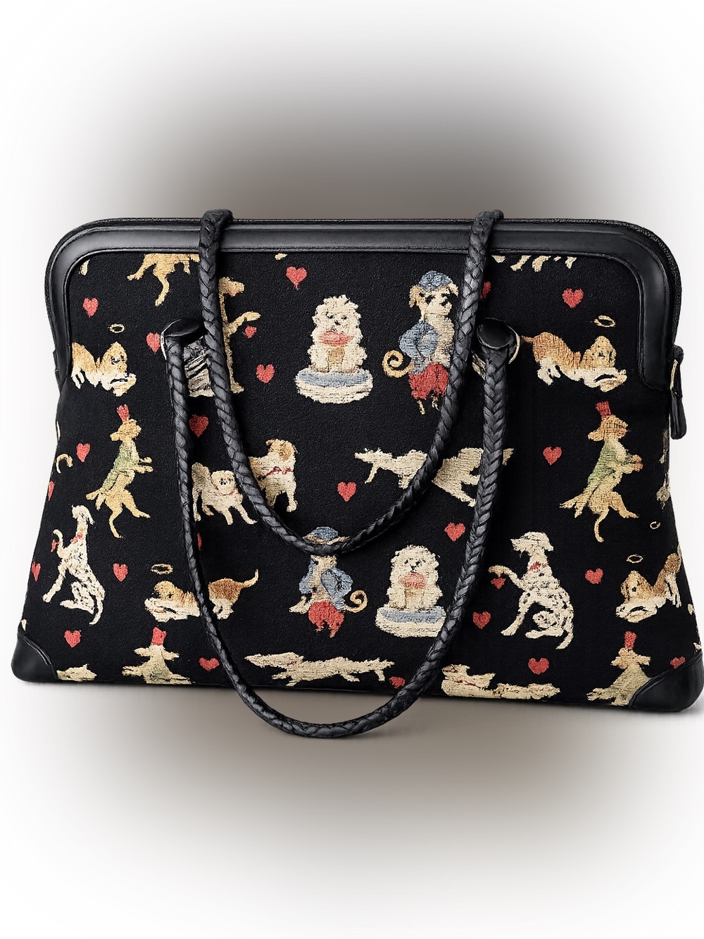 Brighton H3291 Dogs & Hearts Carpet Bag Tapestry Tote Retired Black Leather EUC